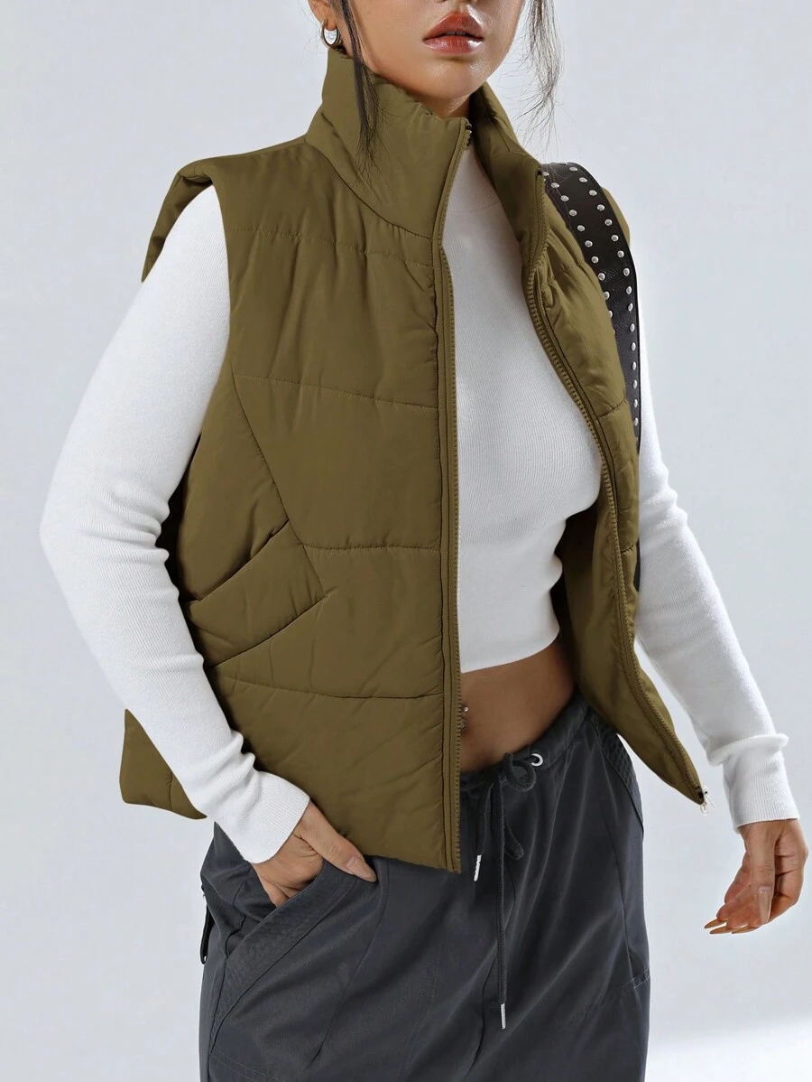 SHEIN EZwear Solid Zip  Casual Vest Winter Coat