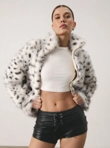 SHEIN Unity 女士白色仿皮草大衣，博主风格豹纹夹克 - 黑與白 - 查看 5