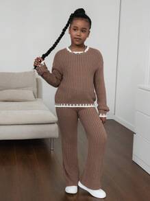 Sparklyn Tween Girls Minimalist Contrast Trim Khaki Knit Sweater & Pants Set, Ideal For Casual Wear In Autumn/Winter - Khaki - View 5