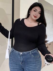 Dazy Plus Ribbed Elastic Fitted Belt Solid Color Long Sleeve Black T-Shirt, Spring/Summer/Autumn