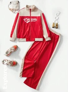 SHEIN 2pcs/Set Teen Girls Sporty Casual Colorblock Zip-Up Hooded Jacket And Pants Set, Autumn