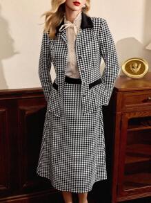 Vintamour Elegant Women's 2 Pieces Suit Set,Houndstooth Patchwork Black And White Long Sleeve Jacket&High Waist Pleated Skirt With Pockets,Summer Office Outfit - Black and White - View 1