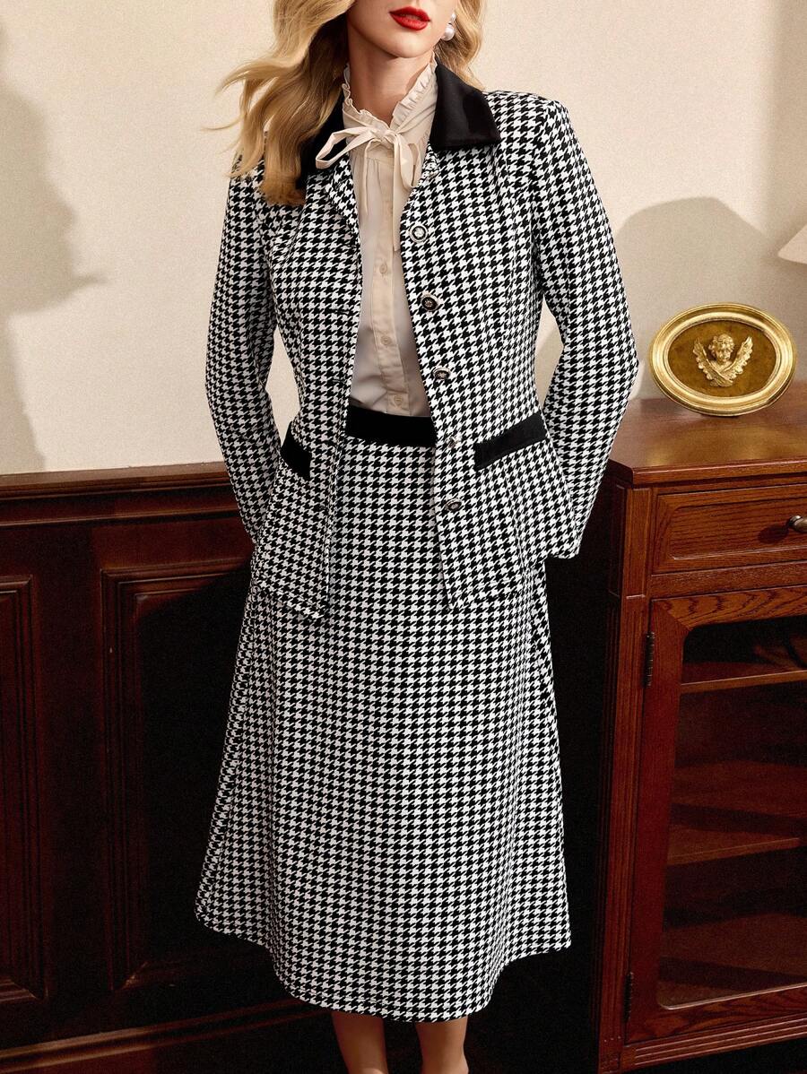Vintamour Elegant Women's 2 Pieces Suit Set,Houndstooth Patchwork Black And White Long Sleeve Jacket&High Waist Pleated Skirt With Pockets,Summer Office Outfit - Black and White - View 1