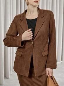 SHEIN Privé Women's Faux Suede Fur Collar Long Sleeve Jacket And Long Skirt Elegant 2 Pieces Set Fall Cloth For Women - Brown - View 6