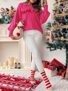 SHEIN LUNE Women's Autumn/Winter Contrast Color Letter Christmas Sweater, Oversized Turtleneck Knitted Pullover  Fall Outfit