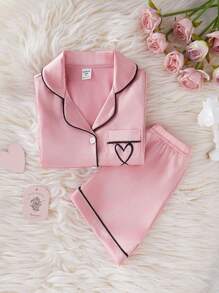 Girls 2pcs Pajama Set, Pink Satin Fabric Short Sleeve Cardigan With Heart Print And Shorts, Casual Homewear