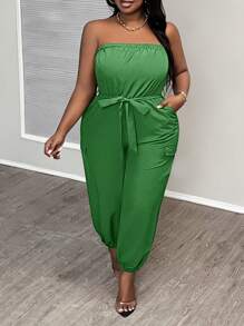 Slaydiva Mono informal de unicolor de talla grande para mujer, con estilo halter, cinturón, bolsillos y piernas acampanadas