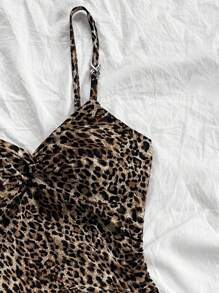 Soleia Women's Fashionable Sexy Leopard Print Twist Front Asymmetrical Ruffle Hem Bodycon Mini Dress, Suitable For Party - Multicolor - View 3