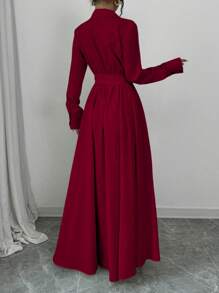 Selianne Elegant Waist Gather Design Dress With Collar And Pleats Fall Cloth For Women - Red - View 2