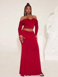SHEIN SXY Conjunto de 2 piezas talla grande para mujer - Parte superior versátil con decoración de lazo en los hombros y falda de cola de sirena con pliegues en la cintura, apta para otoño e invierno, disfraz de Nochebuena, fiesta, cumpleaños, despedida de soltera, casual, para ir de compras, salir, fácil de combinar y estilizador
