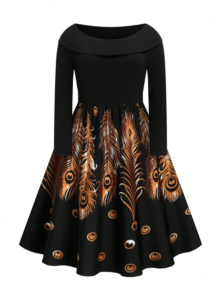 SHEIN LUNE 大码纯色拼布圆领长袖休闲连衣裙