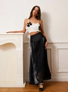 BELROSIE 2pcs Floral Decor Adjustable Suspender Camisole Paired With Flared Maxi Skirt Set, For Valentine's Day, Spring & Summer - Black and White - View 1