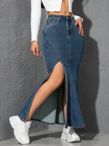 SHEIN EZwear Women Front Button Pocket Denim Casual Skirt, Everyday Wear - Medium Wash - View 2