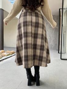 Dazy Plus Elastic Waist Plaid Mid-Length A-Line Pleated Skirt, Loose School Style, All Seasons