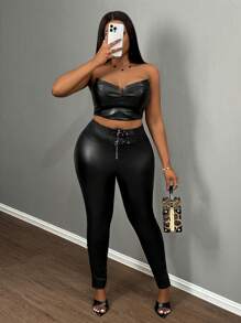 Slaydiva Elegant & Party & Wedding & Date Slim Solid Black Zipper Decor High Waist PU Coated Lightweight Plus Size Women Long Skinny Pants, Spring/Autumn - Black - View 2