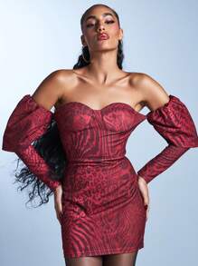 Armand 设计师款勃艮第动物印花露肩垂袖迷你优雅连衣裙，派对度假优雅连衣裙，适合节日、生日服装、春夏、海滩、节日、伊比沙岛装扮、婚礼、舞会礼服 - 酒紅色 - 查看 3