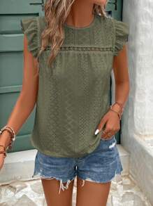 SHEIN Frenchy maglietta con scollo rotondo, orlatura di pizzo e rifiniture arricciate con ricami occhiellati