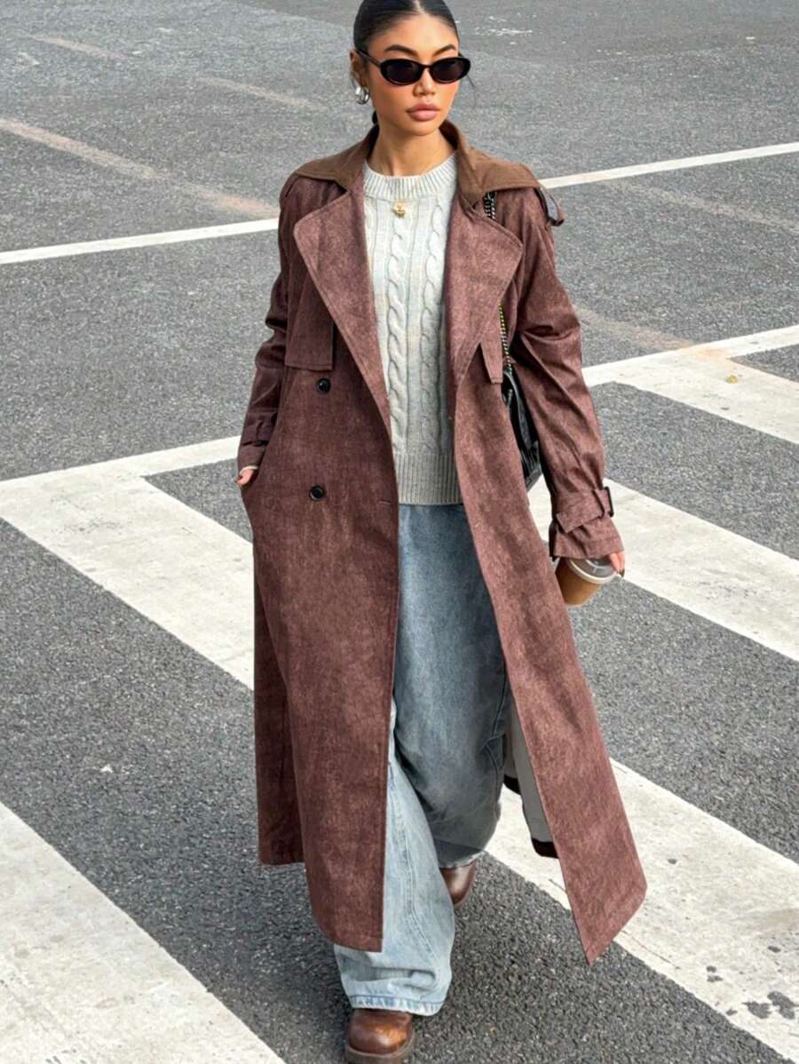 SHEIN EZwear Women's Casual Double-Breasted Long Trench Coat, Autumn Style - Brown - View 1