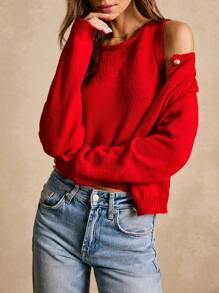 Poéselle 新款春秋多巴胺开衫，高品质柔软触感金扣休闲宽松针织毛衣女 - 紅色 - 查看 2