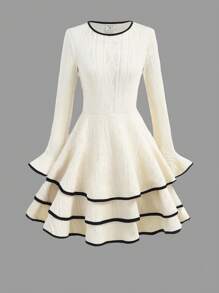 SHEIN Girlism Teen Girl Beige Textured Long Flare Sleeve Dress, Elegant Vintage Long Sleeve Dress, Ruffle Hem Textured Dress - Apricot - View 5