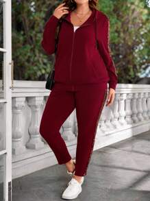 EMERY ROSE Plus Size Women Autumn Sequin Patchwork Zipper Hoodie And Pants Casual 2 Pieces Set,Christmas Clothes Women,Christmas Clothes Women,New Years Women Outfit,Tracksuit Women,Vacation Outfits,Vacation Two Pieces Set