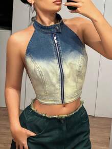 SHEIN ICON Atasan Tanpa Punggung Denim Ombre Washed Kerah Tegak Ukuran Kecil Wanita Gaya Y2k dengan Resleting Ganda - Light Wash - View 4