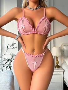 2pcs/Set Romantic Retro Ruffle Bow Cute And Sexy Lingerie Set For Girl - Pink - View 3
