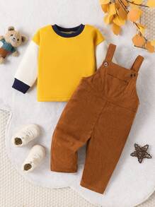 SHEIN 男婴/女婴 2 件套：秋冬无袖灯芯绒工装裤和圆领长袖运动衫，舒适时尚，适合室内和室外，适合派对、学校、秋季 - 彩色 - 查看 1