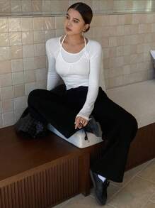 DAZY 纯色修身圆领白色长袖拼布女式 T 恤，秋季服装