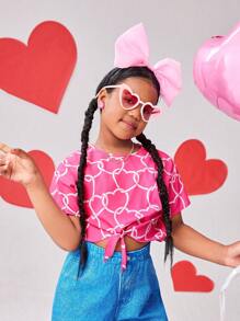 Blusa de manga corta con cuello redondo y estampado de corazón para niña preadolescente, adecuada para varias ocasiones, especialmente para el Día de San Valentín
