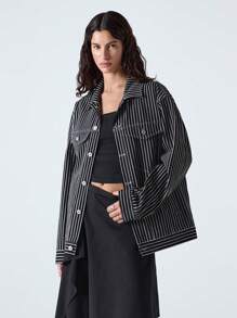 LYSMO Chaqueta larga suelta con botones delanteros, bolsillos y mangas largas a rayas para mujer
