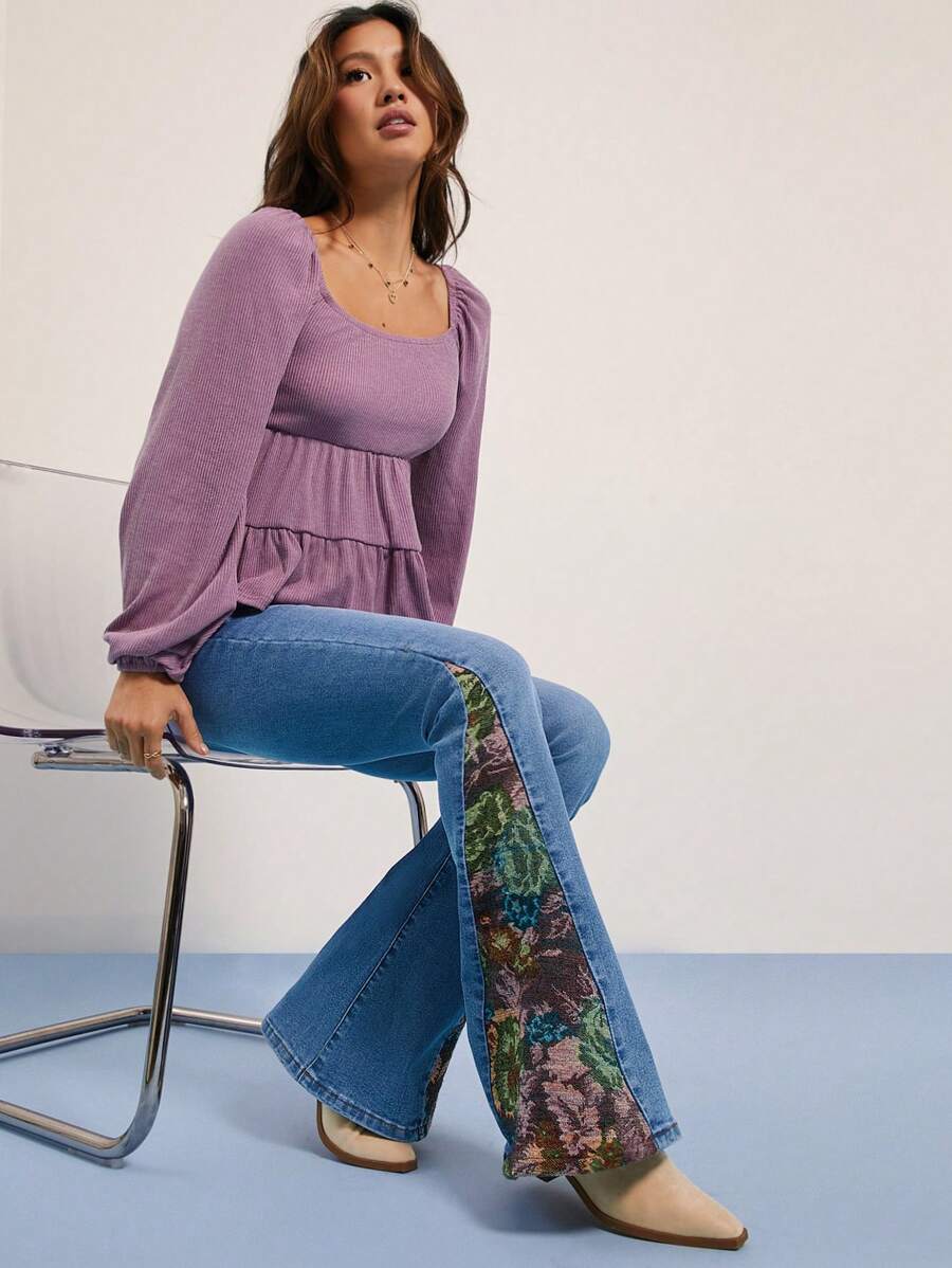 WESTFADE Quần Jeans Ống Loe Co Giãn Cạp Cao Giữa Họa Tiết Hoa Mùa Xuân Nashville Outfits - Rửa trung bình - Xem 1