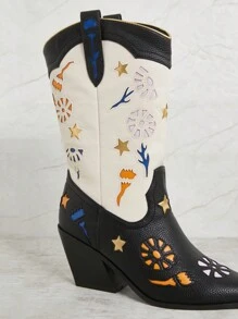 SHUZIA 女式西部牛仔风格休闲黑色可爱花卉装饰高跟粗跟中高跟靴 - 黑色 - 查看 6