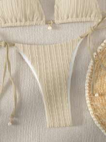 SHEIN Swim 夏季海灘女性時尚純色紋理比基尼套裝 - 卡其色 - 查看 4