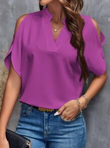 SHEIN Clasi Chất rắn Vai lạnh tay cánh Popover Áo sơ mi - Màu đỏ tím - Xem 6