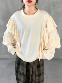 FRIFUL Camiseta Casual Solta Feminina de Manga Longa, Gola Redonda, Cor Sólida, com Recorte Franzido, Outono - Bege - Visão 4