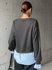 FRIFUL 女士圆领长袖撞色休闲T恤，秋季女装 - 灰色 - 查看 5