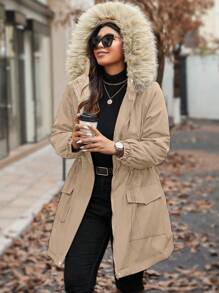 Calvaya Manteau rembourré à zip avec capuche en peluche et empiècement, pour vêtements d'hiver, grande taille