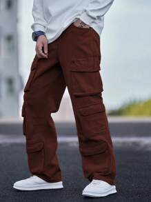 Manfinity Hypemode Men's Multi-Pocket Loose Straight Leg Casual Denim Pants - Brown - View 4