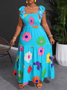 Slaydiva Plus Size Loose Fit Holiday Casual Printed Dress - Blue - View 3