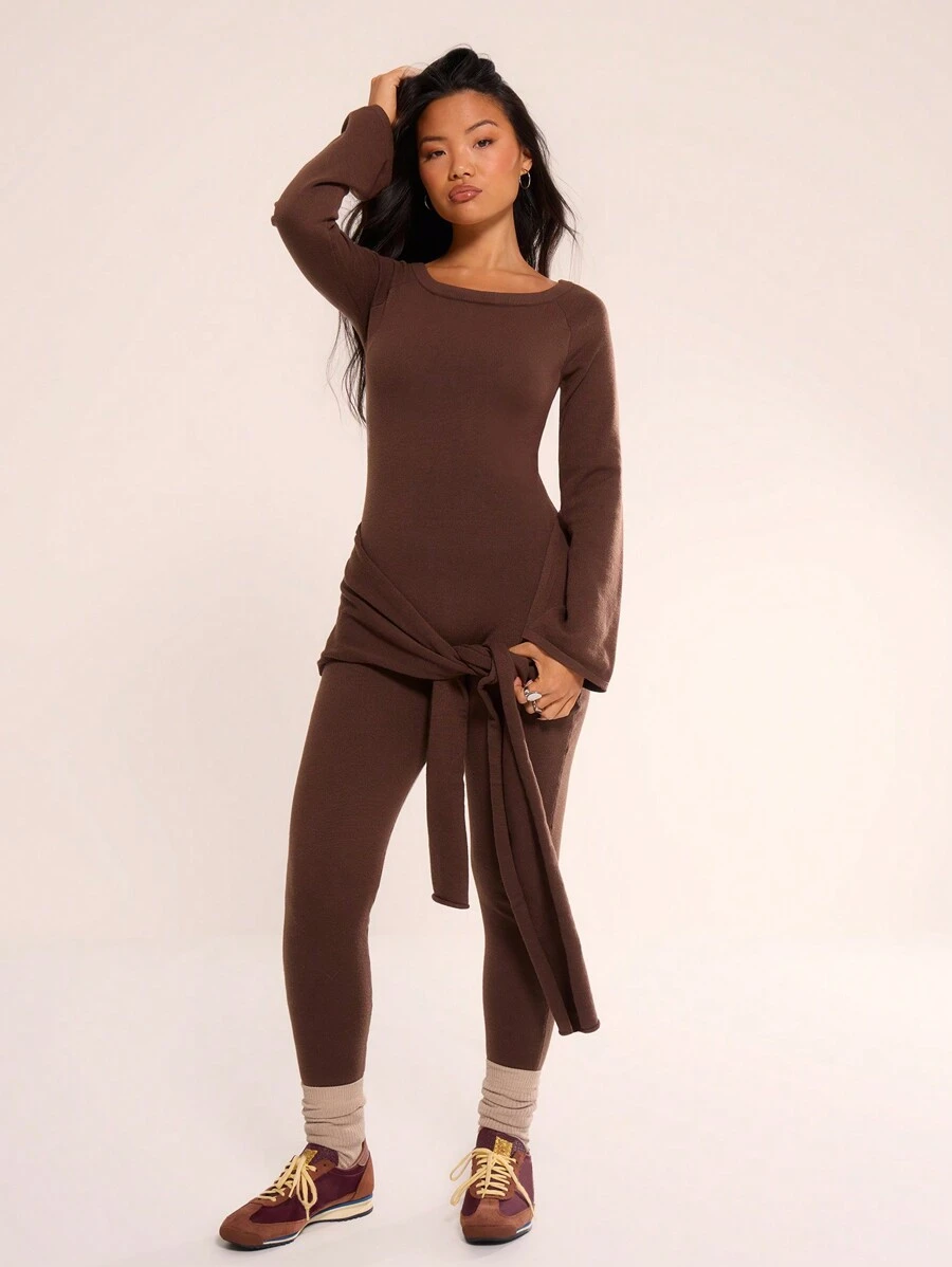 MUSERA Drape Front Flare Sleeve Knit Unitard, Sexy Club Spring Summer Vacation Elegant - Chocolate Brown - View 1