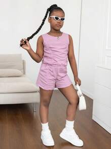 Conjunto de 2 piezas para niñas preadolescentes: top de tirantes acanalado de cuello redondo con pliegues y shorts, adecuado para salir, ir a la escuela y vacaciones de primavera/verano