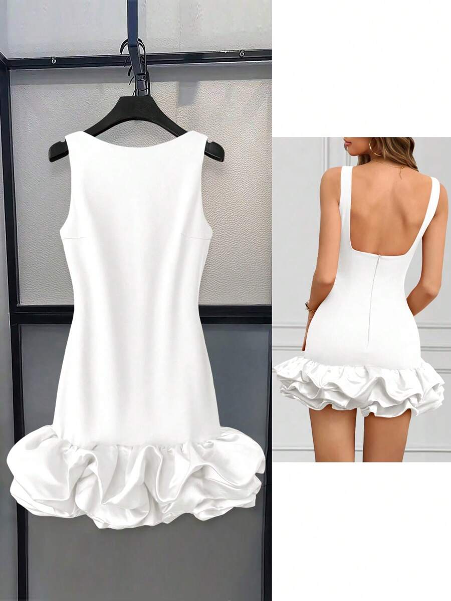 INAWLY Women's Solid Color Round Neck Sleeveless Ruffle Hem Elegant Short Dress - White - View 1
