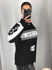 SHEIN ICON 超大休闲摩托车图案破洞拼色毛衣