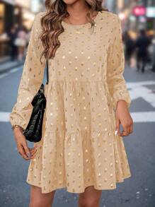 Chiquease 女士箔波点印花圆领灯笼袖宽松娃娃裙