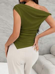 Firerie Women's Commuting Style Asymmetric Shoulder Ruffle Asymmetrical Hem Summer T-Shirt - Army Green - View 2