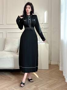 Modelyn 女士休闲撞色边针织毛衣裙，秋冬 - 黑與白 - 查看 2