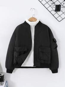SHEIN Jaqueta casual folgada e minimalista, com decoro de bolso lateral, de gola redonda, confortável para meninas pré-adolescentes