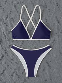 Swim Mod Contrasting Trim Sporty Triangle Bikini Top & Panty Set, Casual And Fashionable, Suitable For Daily & Swimming Summer - Navy Blue - View 8