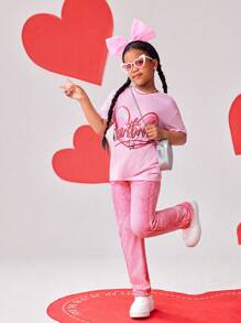 Conjunto de 2 piezas para niñas preadolescentes que incluye camiseta de manga corta con estampado de corazón rosa y pantalones largos con textura de mezquita, diseño de moda y alegre adecuado para la escuela, salidas, primavera/verano